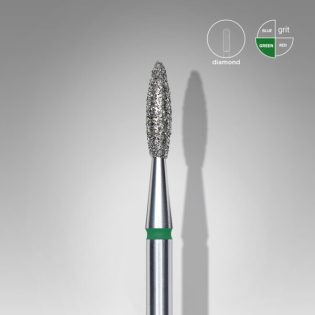 Diamond nail drill bit, pointed flame, green, head diameter 2.1 mm/ working part 8 mm