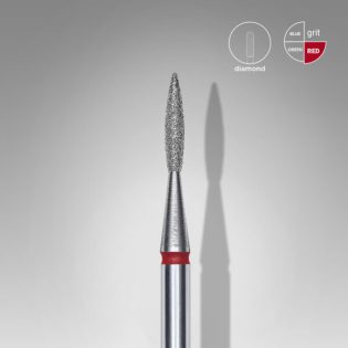 Diamond nail drill bit, pointed "flame", red, head diameter 1.6 mm, working part 8 mm
